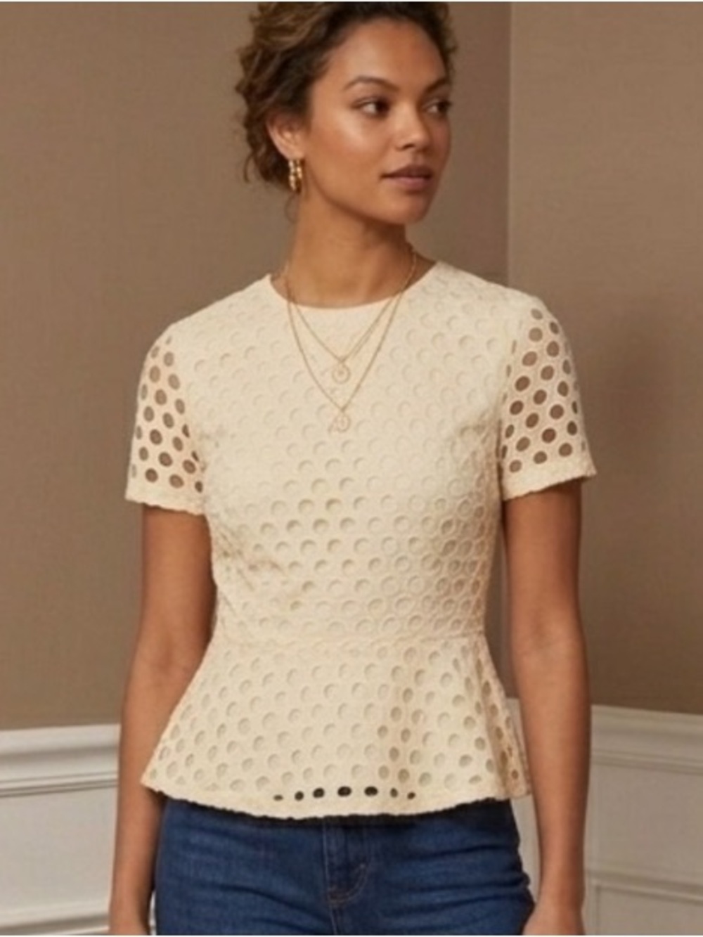 Pam & Gela Cream Eyelet Peplum Top - Size 4 - 100% Cotton